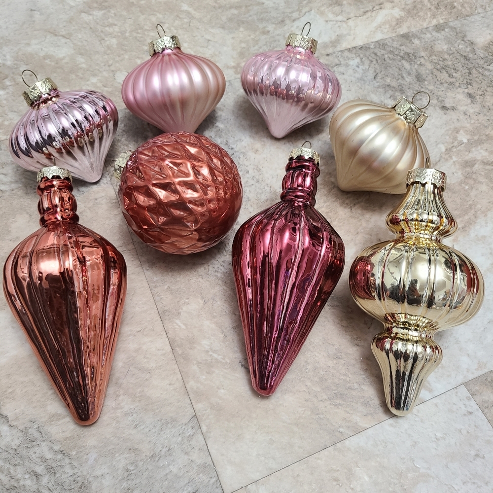 Elegant Holiday Finial & Onion Drop Ornament Set, Pink, Gold, and Copper